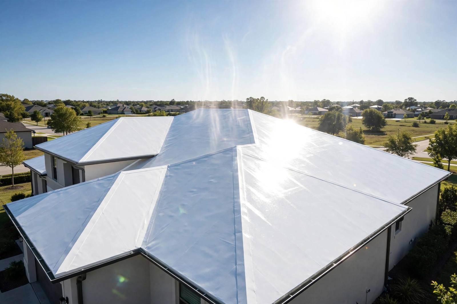 Bright reflective cool roof coating on a Monrovia home at midday, sun glare bouncing off the surface